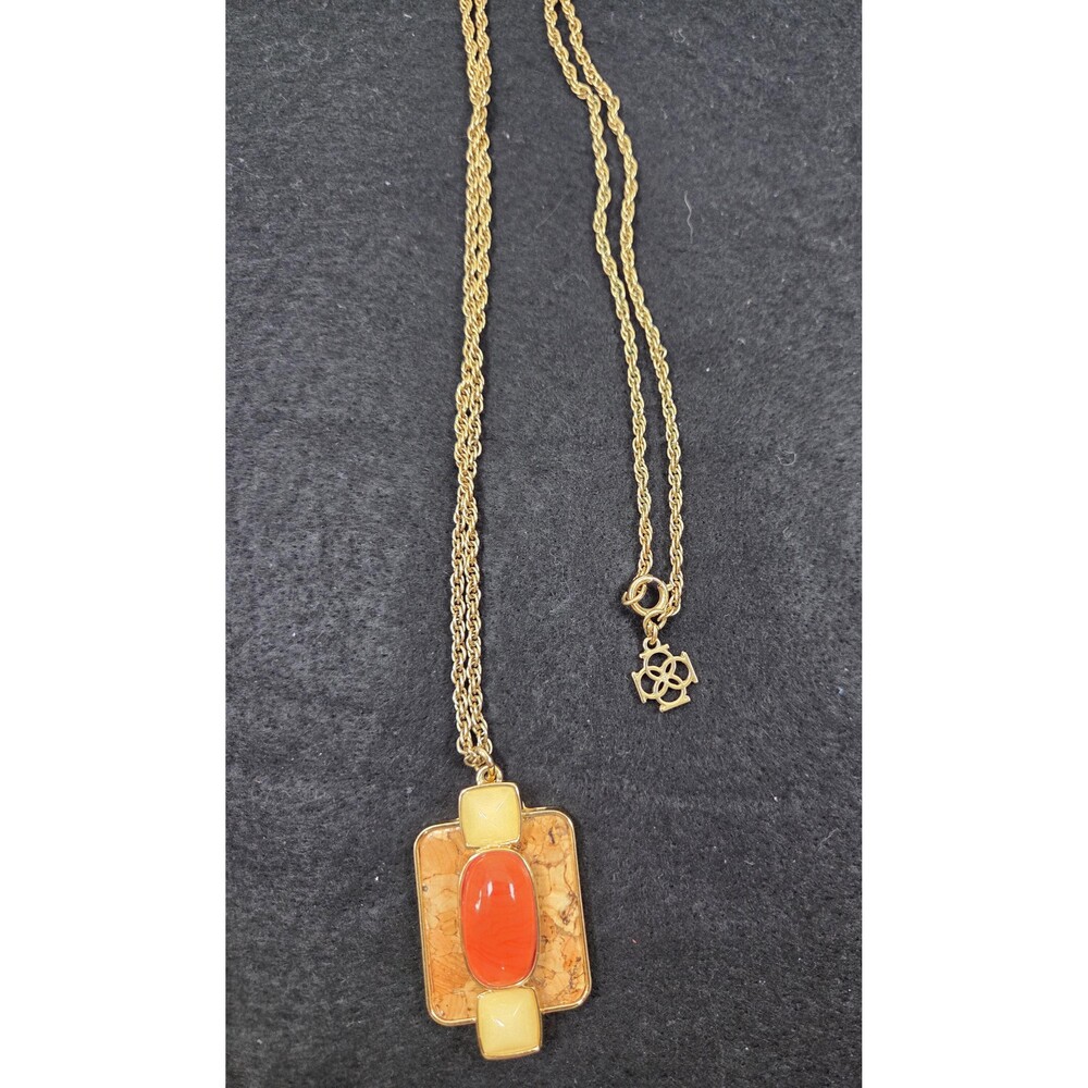 Vintage Ann Taylor Statement Necklace | Cork Inlay Rectangular Pendant